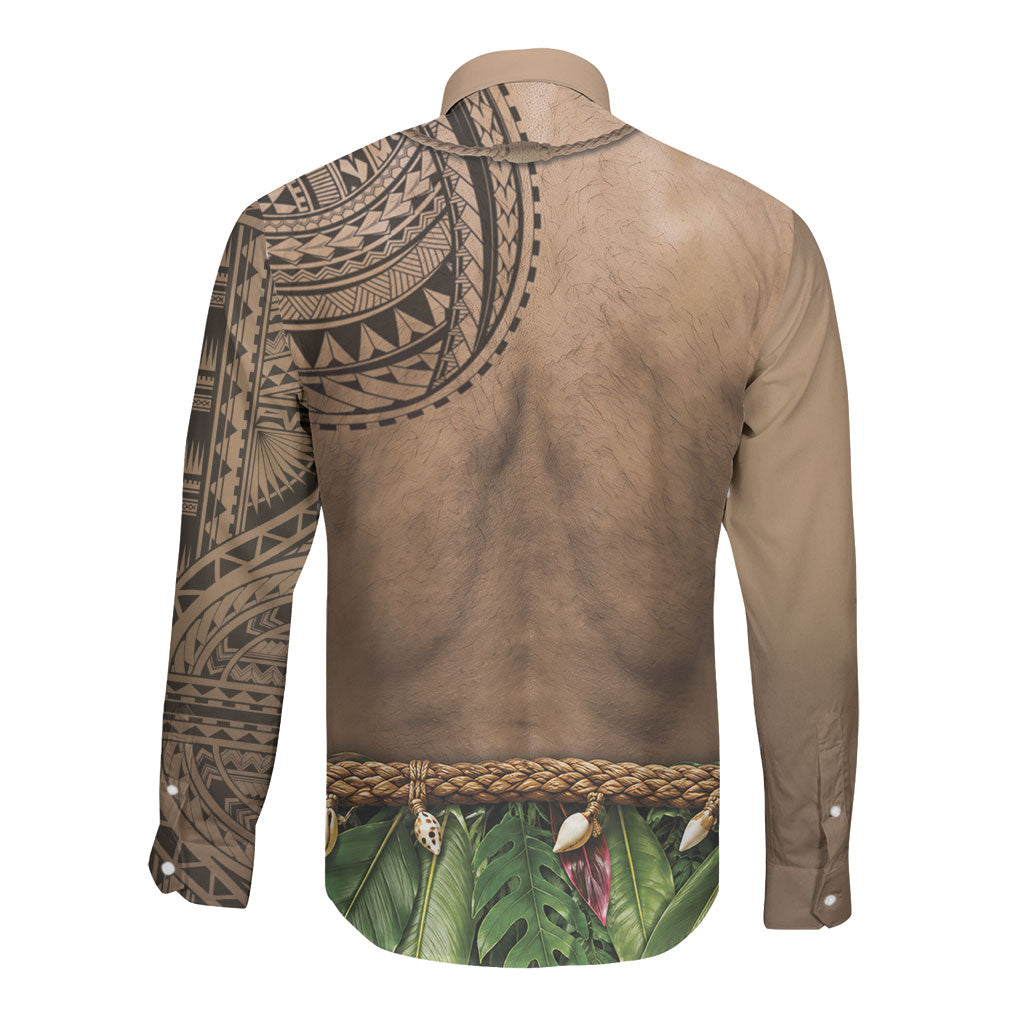 Warrior Muscle Tattoo 3D Funny Graphic Long Sleeve Button Shirt Six Pack Abs Bone Necklace Leaf Skirt DT05 - Polynesian Pride