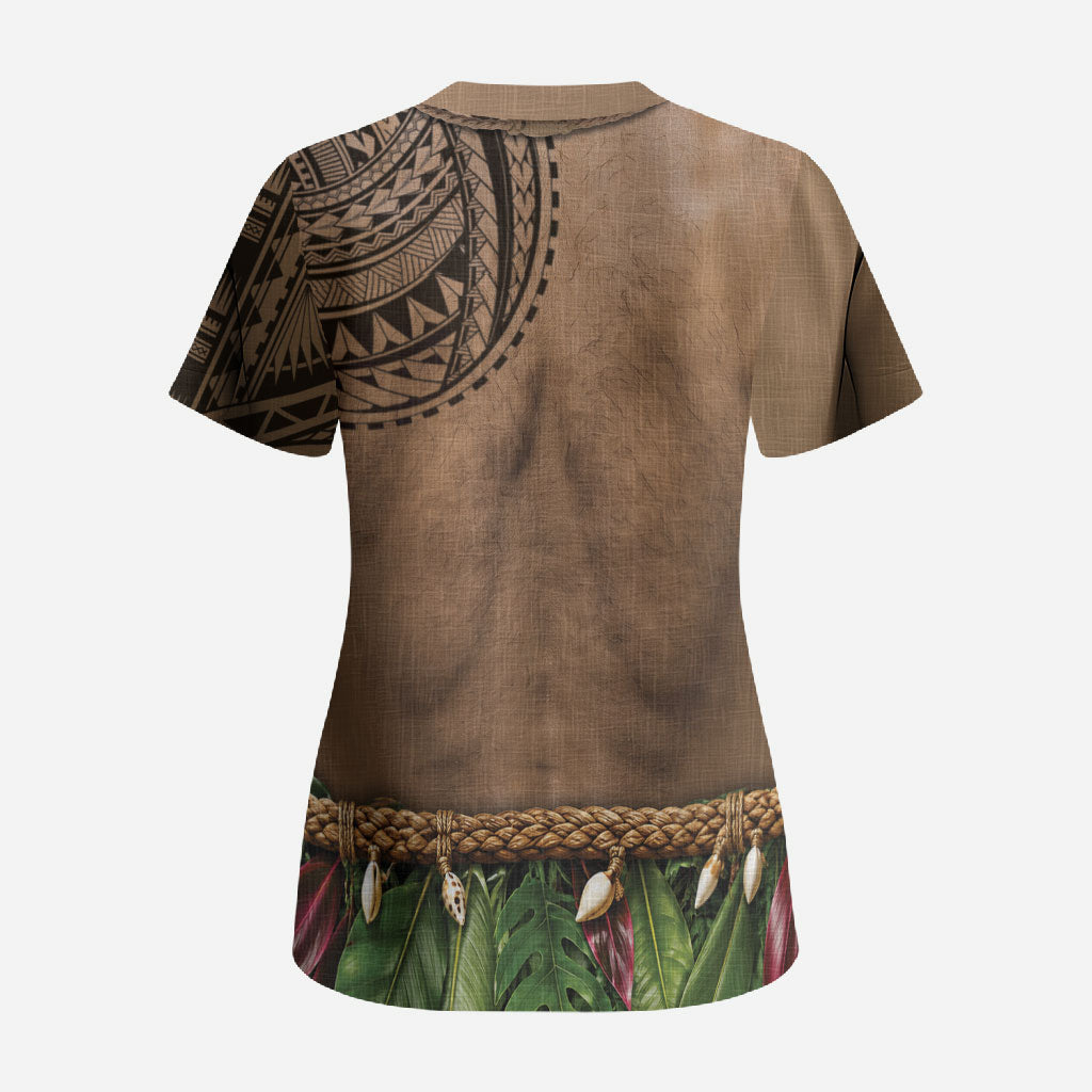 Warrior Muscle Tattoo 3D Funny Graphic Scrub Top Six Pack Abs Bone Necklace Leaf Skirt DT05 - Polynesian Pride