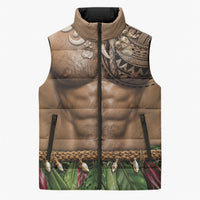 Warrior Muscle Tattoo 3D Funny Graphic Sleeveless Puffer Jacket Six Pack Abs Bone Necklace Leaf Skirt DT05 Unisex Beige - Polynesian Pride
