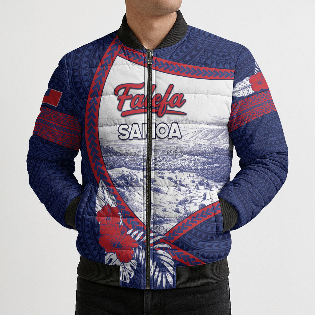 Personalised Falefa Samoa Village Bomber Puffer Jacket Valley Polynesian Tribal Hibiscus Floral