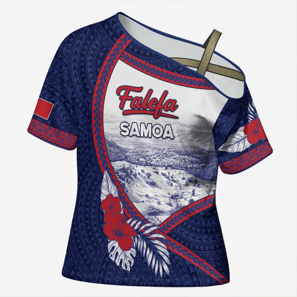 Personalised Falefa Samoa Village Cross Shoulder Shirt Valley Polynesian Tribal Hibiscus Floral