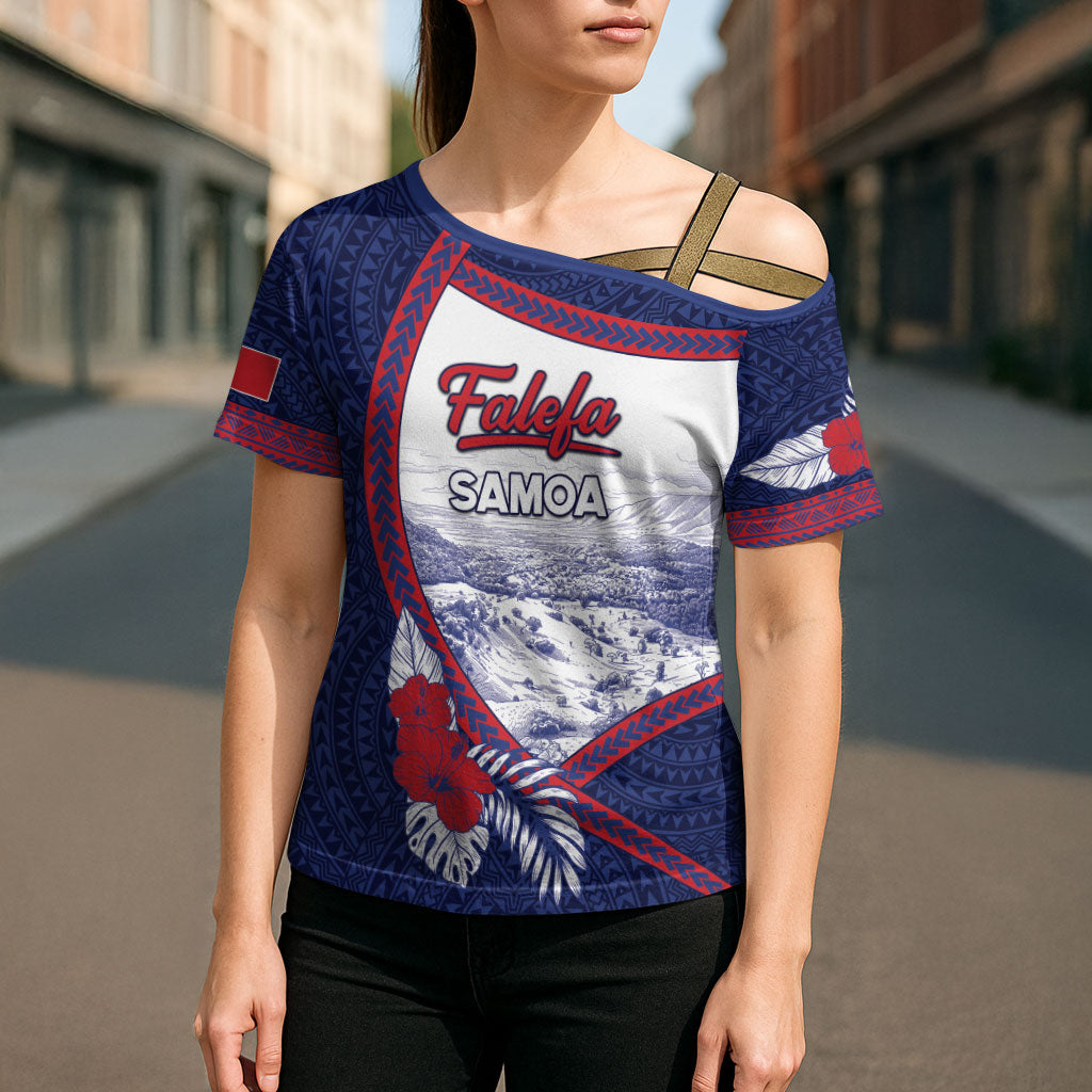 Personalised Falefa Samoa Village Cross Shoulder Shirt Valley Polynesian Tribal Hibiscus Floral