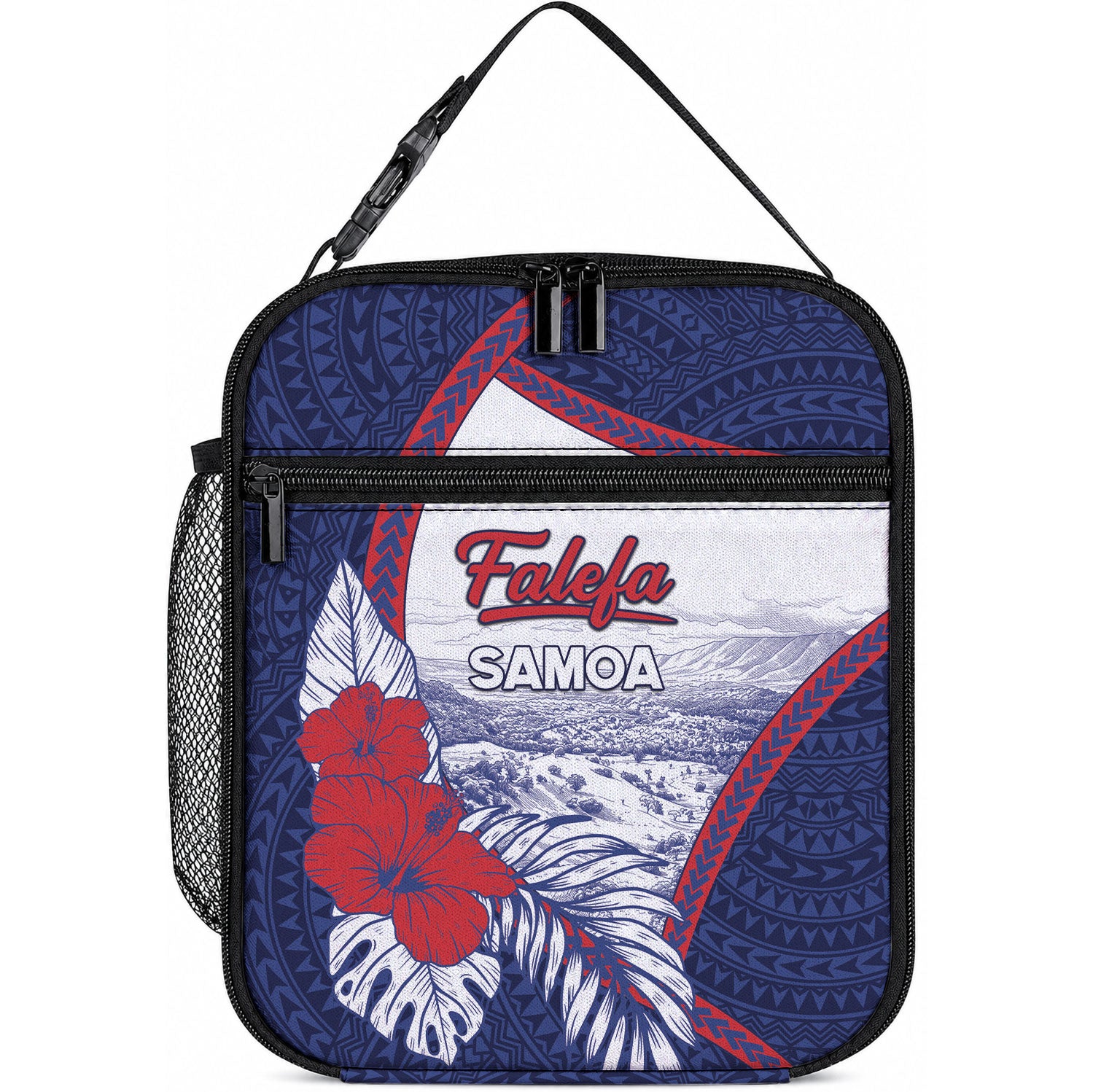 Falefa Samoa Village Lunch Bag Valley Polynesian Tribal Hibiscus Floral DT05 10.2 × 8.3 × 4.3 inch Navy - Polynesian Pride