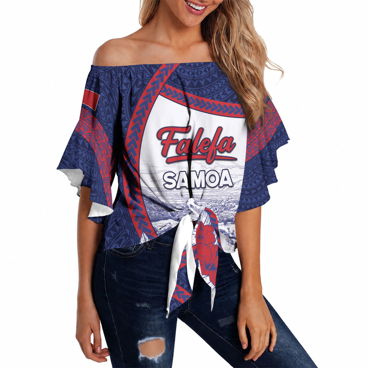 Personalised Falefa Samoa Village Off Shoulder Wrap Waist Top Valley Polynesian Tribal Hibiscus Floral