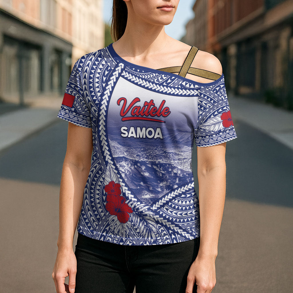 Personalised Vaitele Samoa Village Cross Shoulder Shirt Falefa Valley Polynesian Tribal Hibiscus Floral