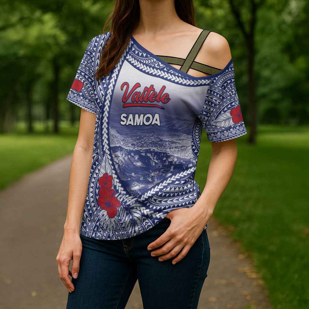 Personalised Vaitele Samoa Village Cross Shoulder Shirt Falefa Valley Polynesian Tribal Hibiscus Floral