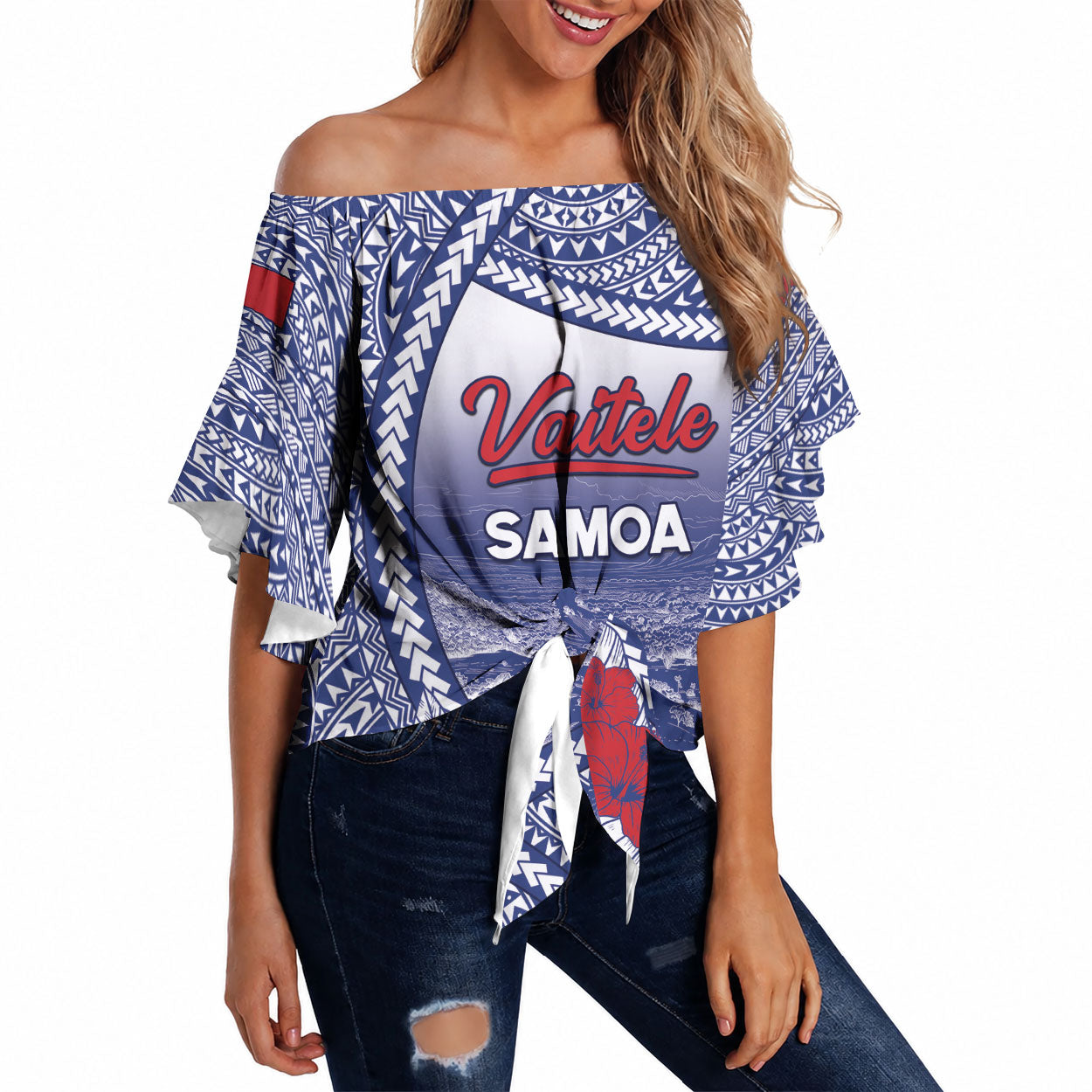 Personalised Vaitele Samoa Village Off Shoulder Wrap Waist Top Falefa Valley Polynesian Tribal Hibiscus Floral