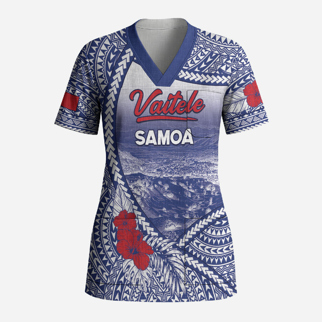 Personalised Vaitele Samoa Village Scrub Top Falefa Valley Polynesian Tribal Hibiscus Floral