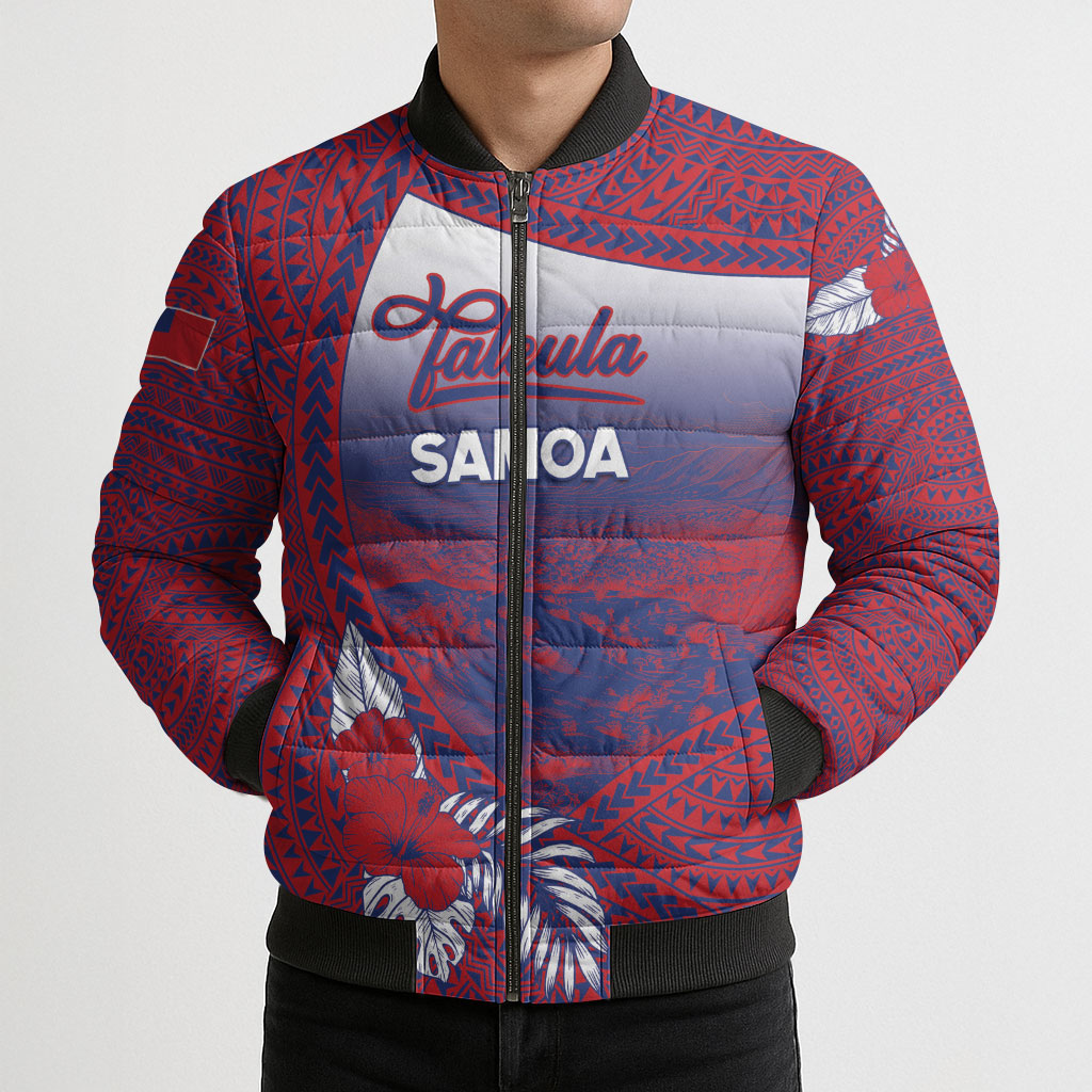 Personalised Faleula Samoa Village Bomber Puffer Jacket Falefa Valley Polynesian Tribal Hibiscus Floral
