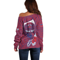 Personalised Faleula Samoa Village Off Shoulder Sweater Falefa Valley Polynesian Tribal Hibiscus Floral