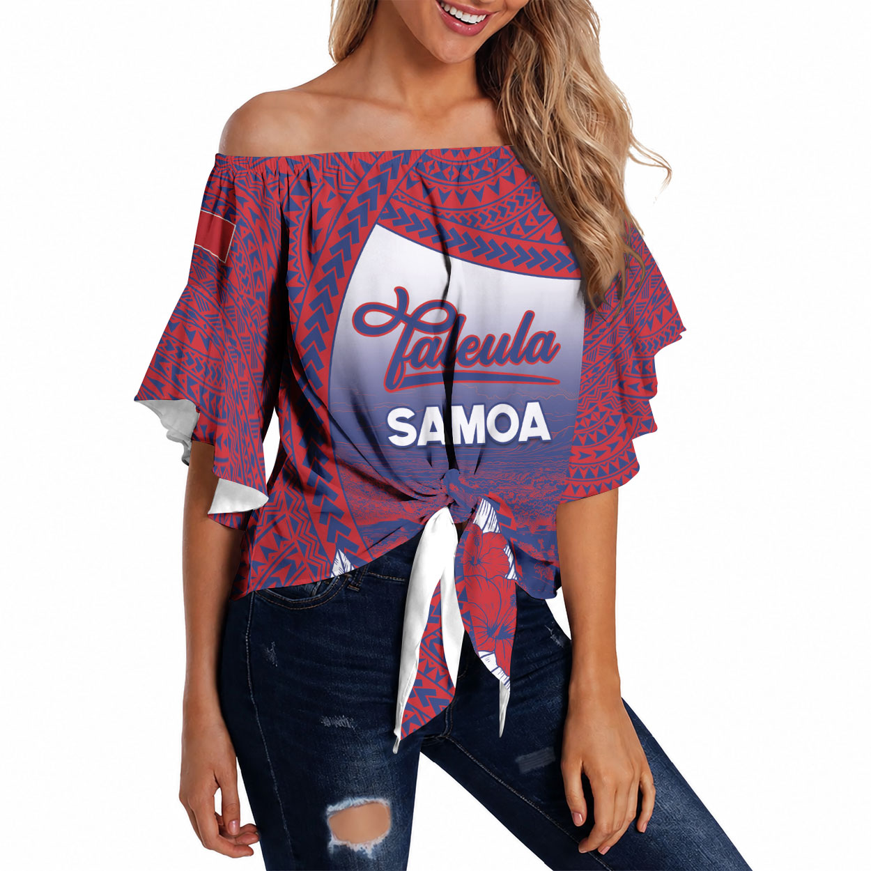 Personalised Faleula Samoa Village Off Shoulder Wrap Waist Top Falefa Valley Polynesian Tribal Hibiscus Floral
