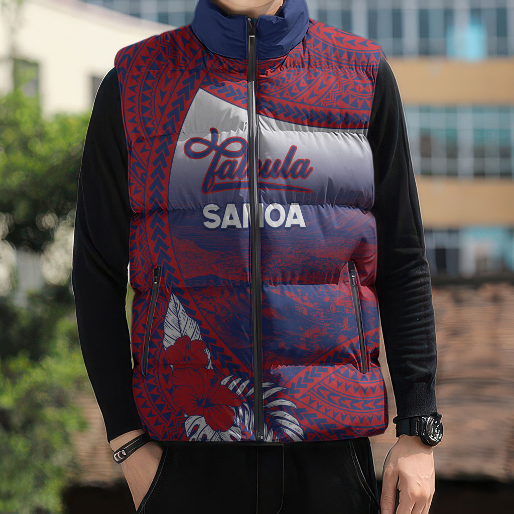 Personalised Faleula Samoa Village Sleeveless Puffer Jacket Falefa Valley Polynesian Tribal Hibiscus Floral