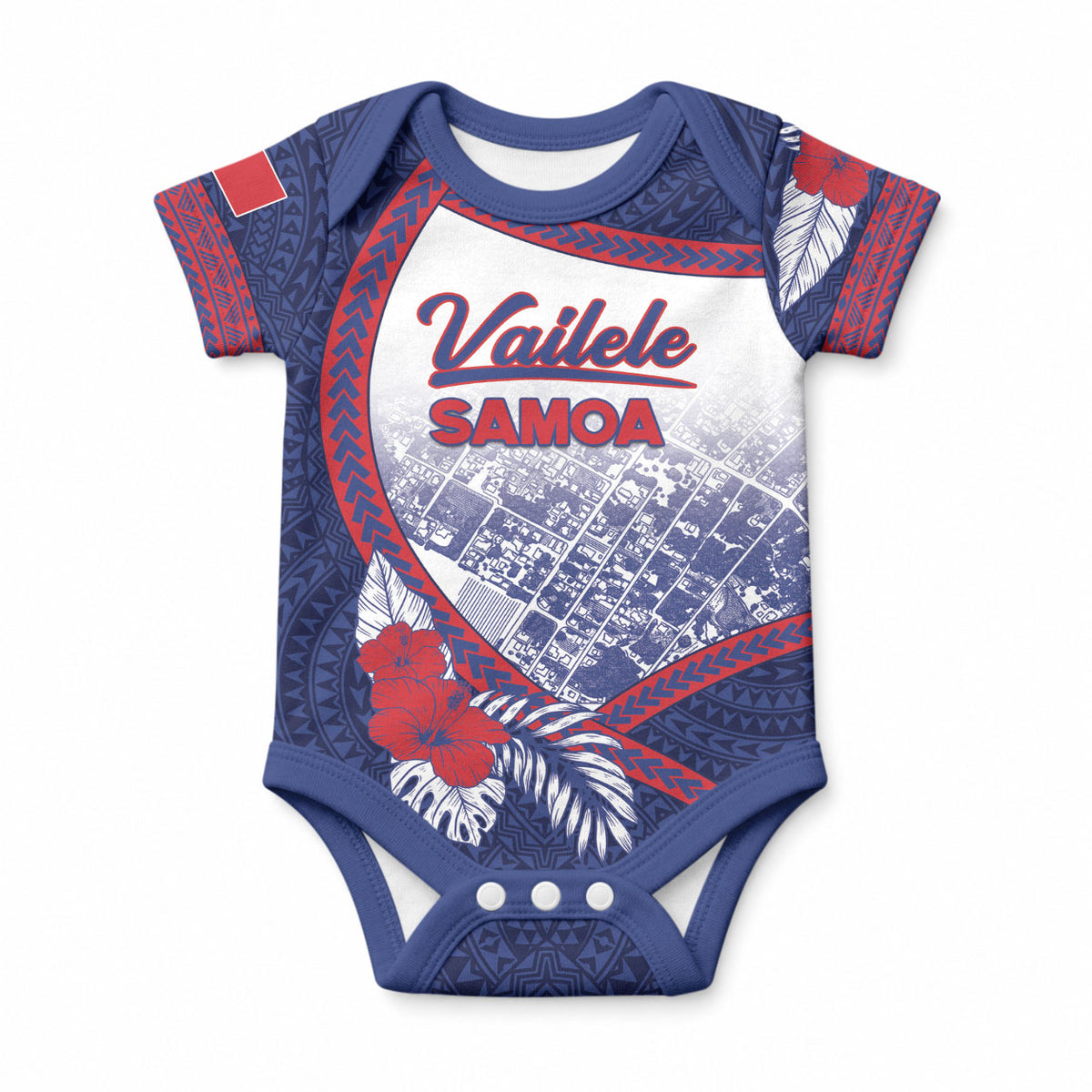 Personalised Vailele Samoa Village Baby Onesie Map Polynesian Tribal Hibiscus Floral