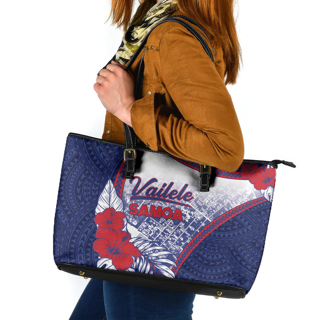 Vailele Samoa Village Leather Tote Bag Map Polynesian Tribal Hibiscus Floral