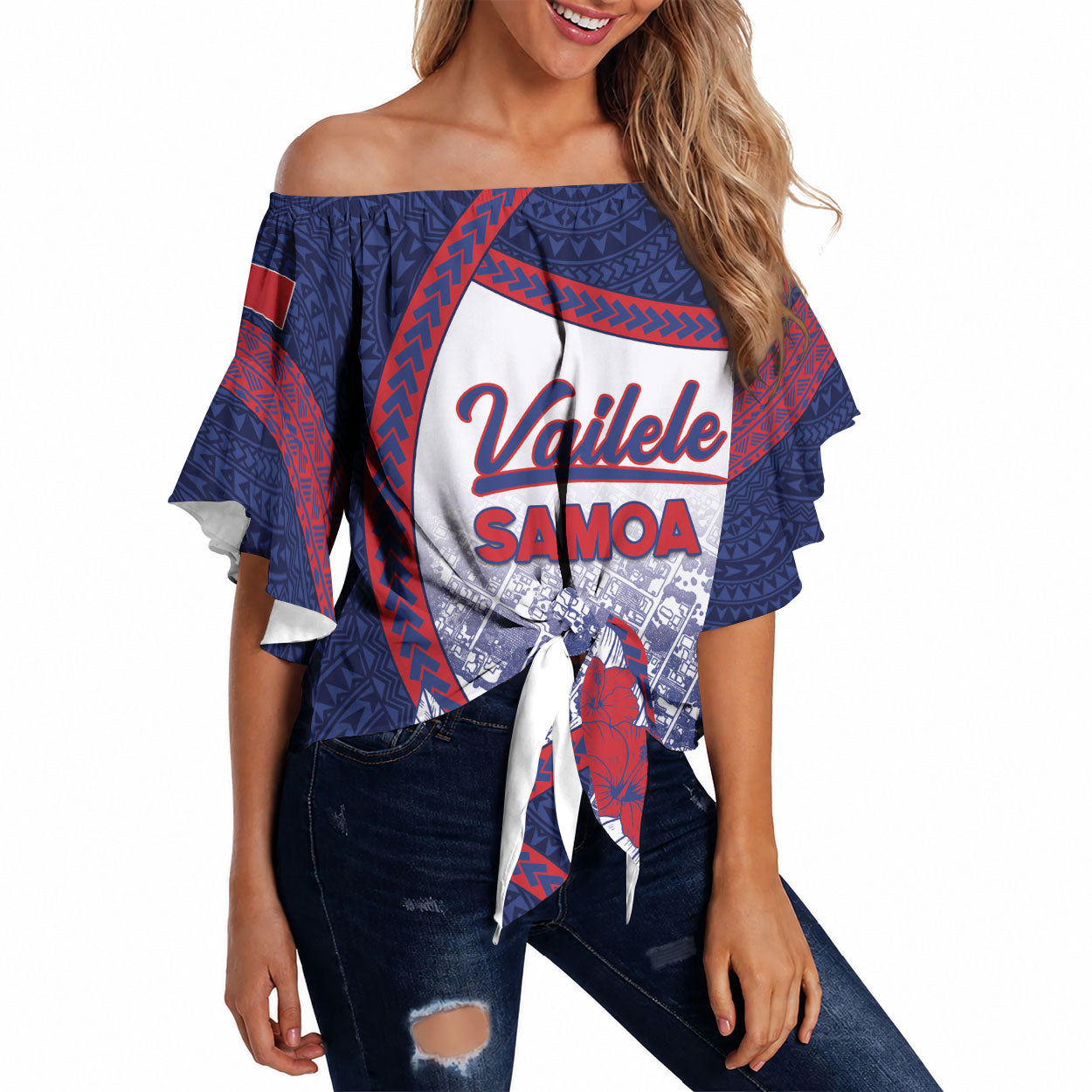 Personalised Vailele Samoa Village Off Shoulder Wrap Waist Top Map Polynesian Tribal Hibiscus Floral