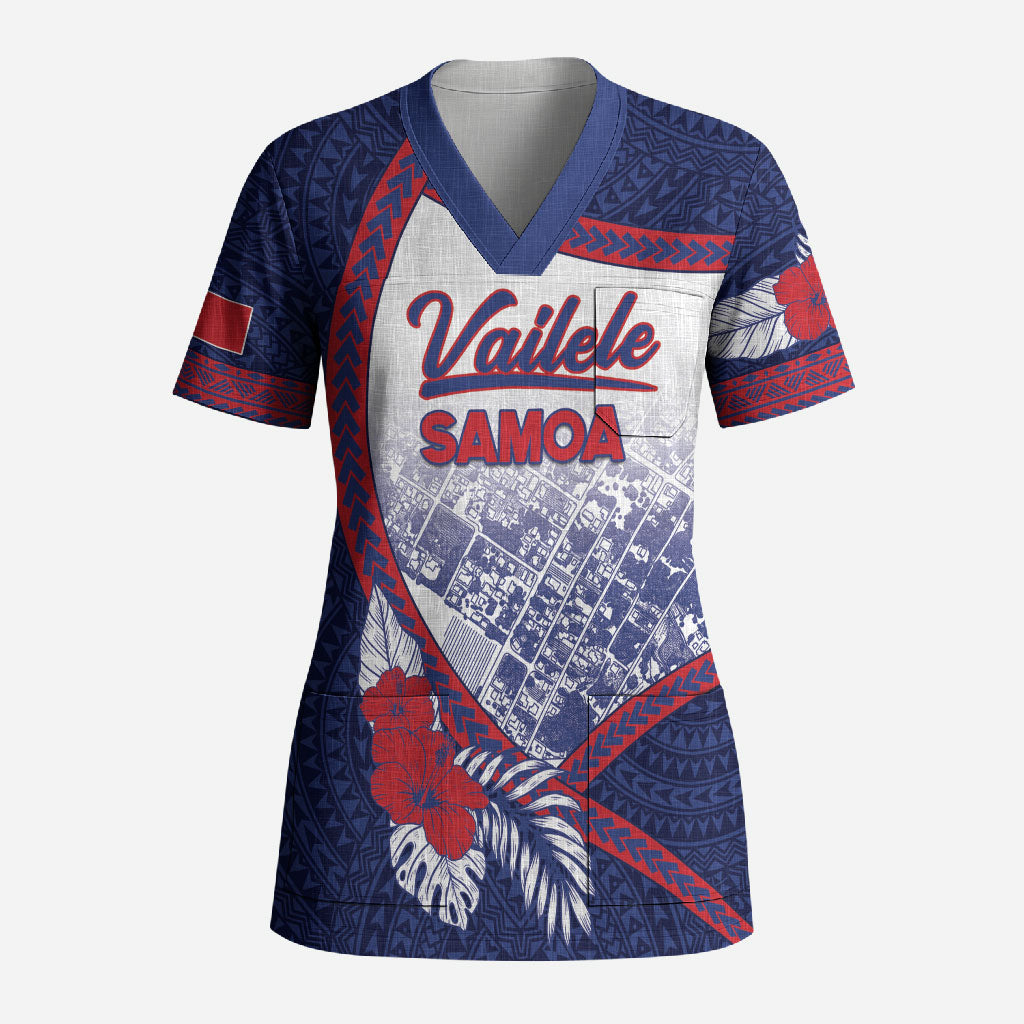 Personalised Vailele Samoa Village Scrub Top Map Polynesian Tribal Hibiscus Floral