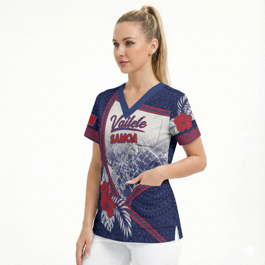 Personalised Vailele Samoa Village Scrub Top Map Polynesian Tribal Hibiscus Floral