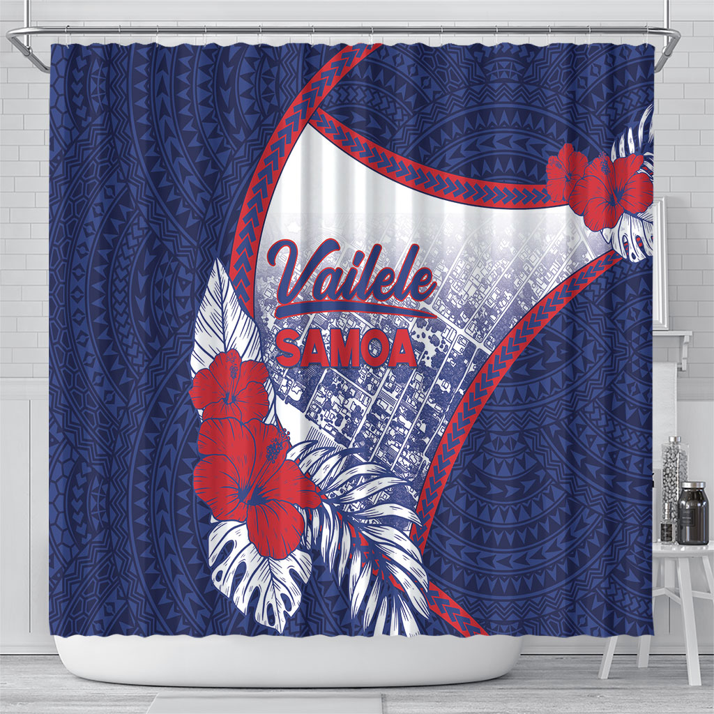 Vailele Samoa Village Shower Curtain Map Polynesian Tribal Hibiscus Floral