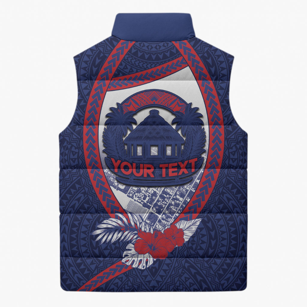 Personalised Vailele Samoa Village Sleeveless Puffer Jacket Map Polynesian Tribal Hibiscus Floral