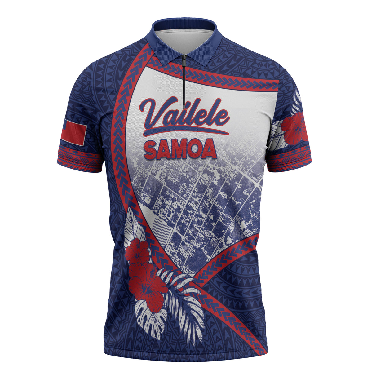 Personalised Vailele Samoa Village Zipper Polo Shirt Map Polynesian Tribal Hibiscus Floral
