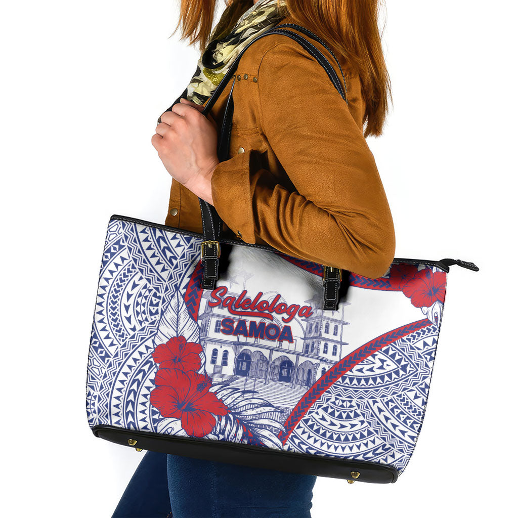 Salelologa Samoa Village Leather Tote Bag Polynesian Tribal Church Landmark Hibiscus Floral