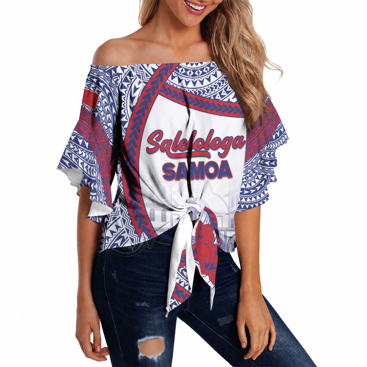 Personalised Salelologa Samoa Village Off Shoulder Wrap Waist Top Polynesian Tribal Church Landmark Hibiscus Floral