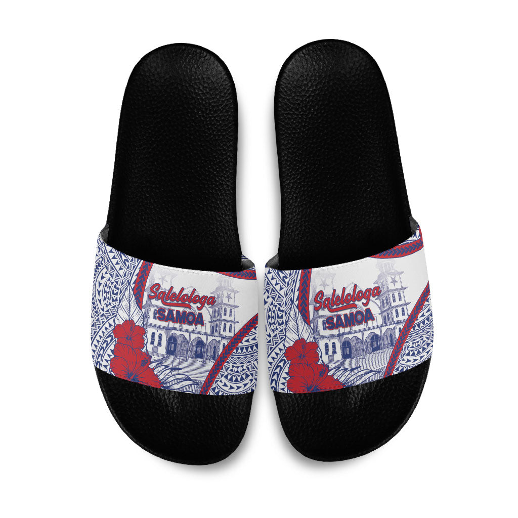 Salelologa Samoa Village Slide Sandals Polynesian Tribal Church Landmark Hibiscus Floral