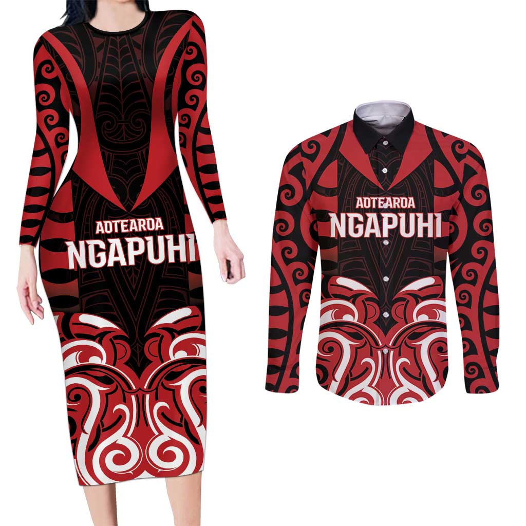 Custom Aotearoa Ngapuhi Couples Matching Long Sleeve Bodycon Dress and Long Sleeve Button Shirt Maori Pattern New Zealand DT05 Red - Polynesian Pride