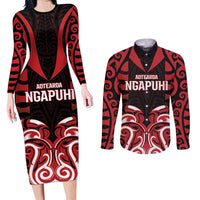 Custom Aotearoa Ngapuhi Couples Matching Long Sleeve Bodycon Dress and Long Sleeve Button Shirt Maori Pattern New Zealand DT05 Red - Polynesian Pride