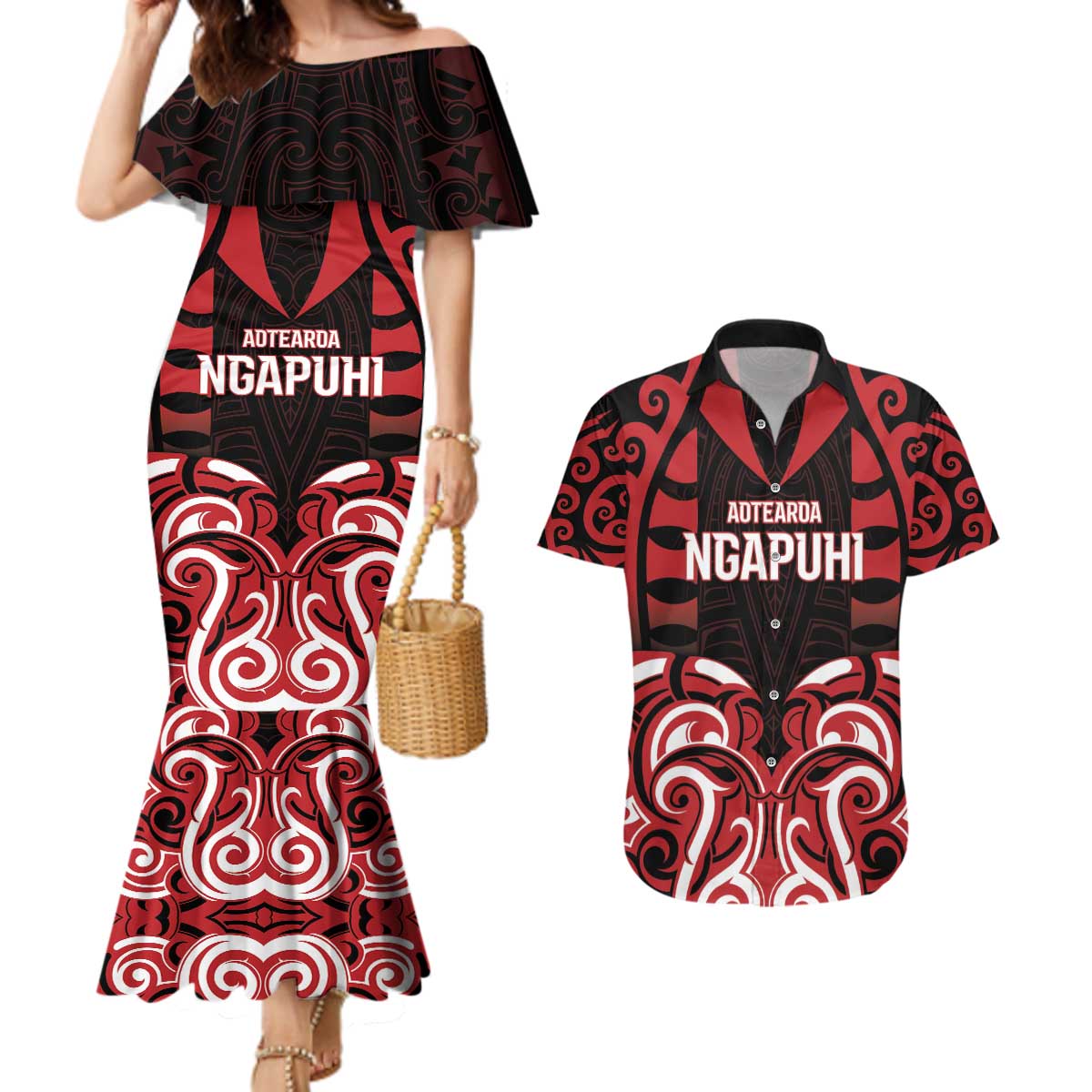 Custom Aotearoa Ngapuhi Couples Matching Mermaid Dress and Hawaiian Shirt Maori Pattern New Zealand DT05 Red - Polynesian Pride