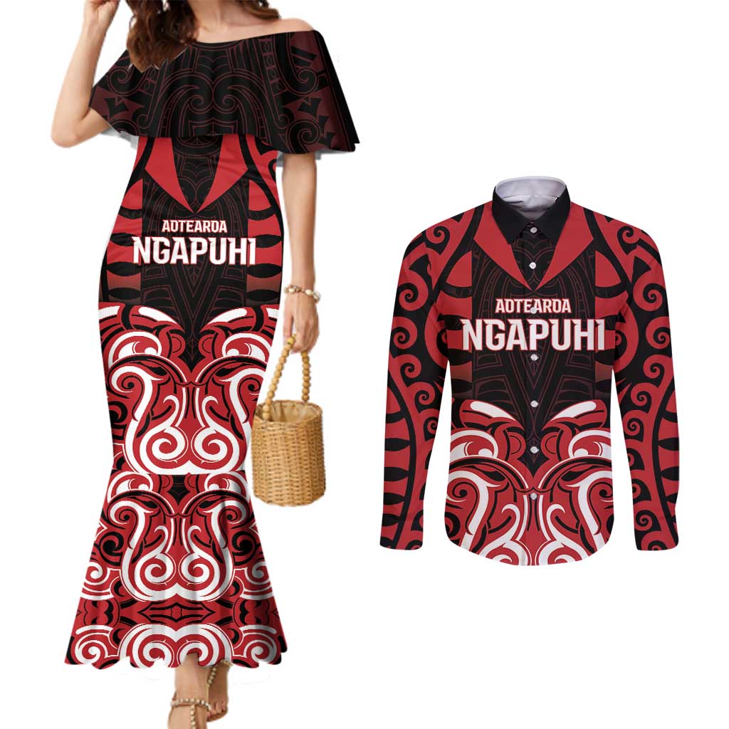 Custom Aotearoa Ngapuhi Couples Matching Mermaid Dress and Long Sleeve Button Shirt Maori Pattern New Zealand DT05 Red - Polynesian Pride