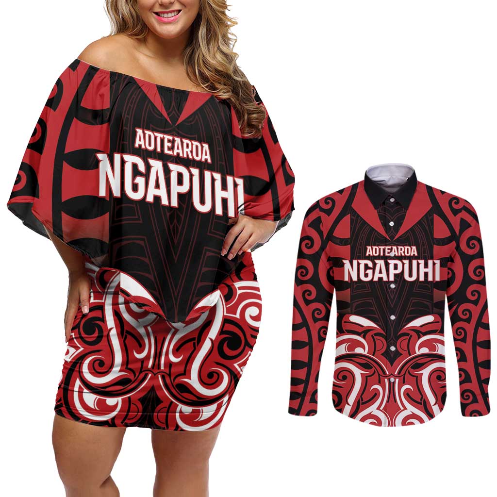 Custom Aotearoa Ngapuhi Couples Matching Off Shoulder Short Dress and Long Sleeve Button Shirt Maori Pattern New Zealand - Polynesian Pride