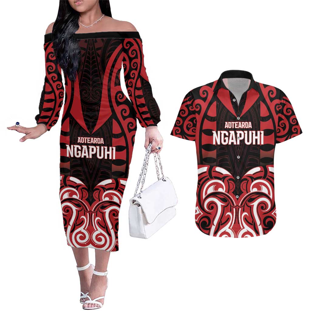 Custom Aotearoa Ngapuhi Couples Matching Off The Shoulder Long Sleeve Dress and Hawaiian Shirt Maori Pattern New Zealand DT05 Red - Polynesian Pride