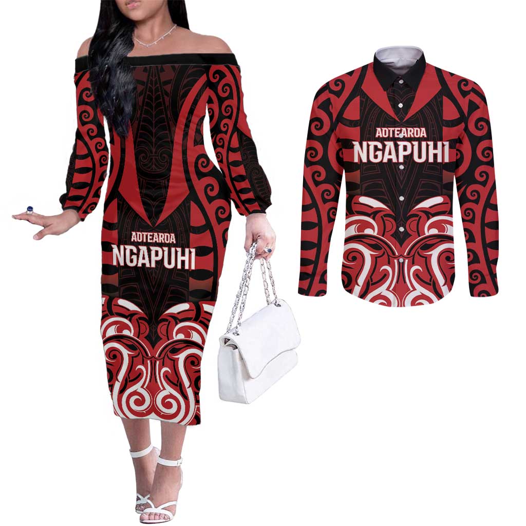 Custom Aotearoa Ngapuhi Couples Matching Off The Shoulder Long Sleeve Dress and Long Sleeve Button Shirt Maori Pattern New Zealand DT05 Red - Polynesian Pride