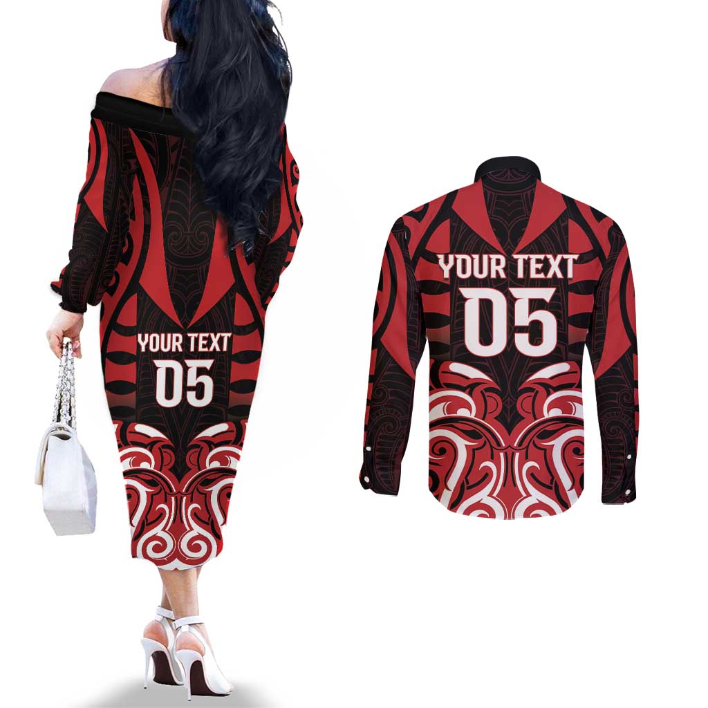 Custom Aotearoa Ngapuhi Couples Matching Off The Shoulder Long Sleeve Dress and Long Sleeve Button Shirt Maori Pattern New Zealand DT05 - Polynesian Pride