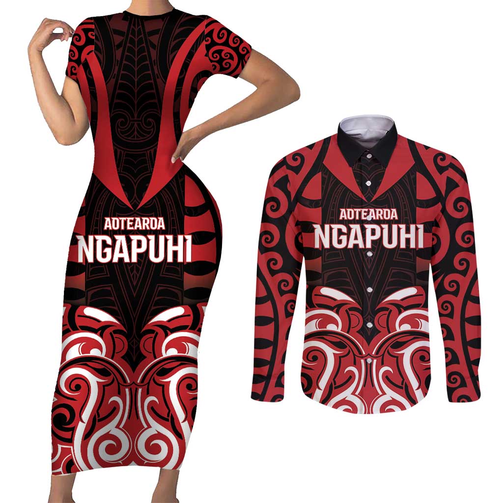 Custom Aotearoa Ngapuhi Couples Matching Short Sleeve Bodycon Dress and Long Sleeve Button Shirt Maori Pattern New Zealand DT05 Red - Polynesian Pride