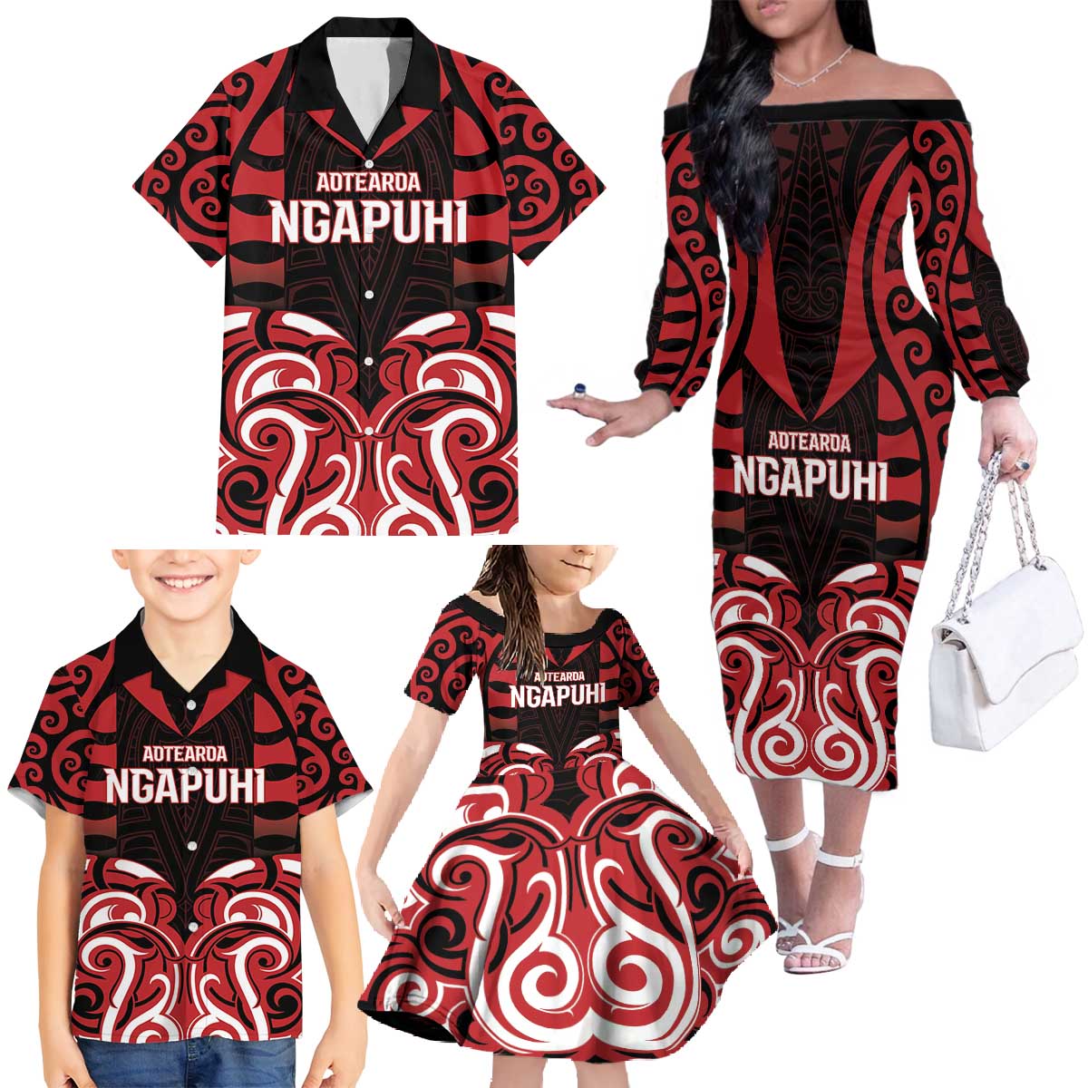 Custom Aotearoa Ngapuhi Family Matching Off The Shoulder Long Sleeve Dress and Hawaiian Shirt Maori Pattern New Zealand DT05 - Polynesian Pride