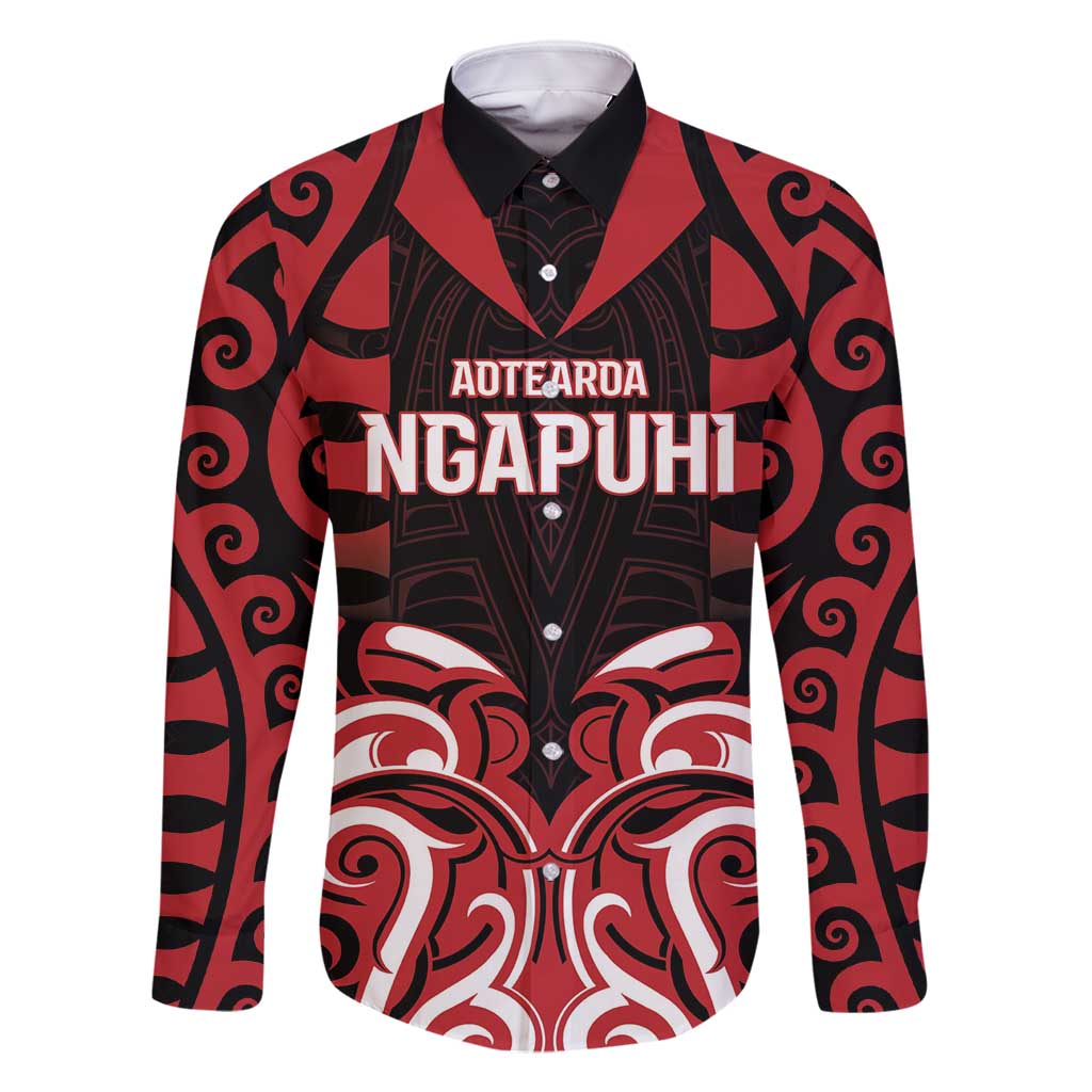 Custom Aotearoa Ngapuhi Family Matching Off Shoulder Maxi Dress and Hawaiian Shirt Maori Pattern New Zealand DT05 Dad's Shirt - Long Sleeve Red - Polynesian Pride