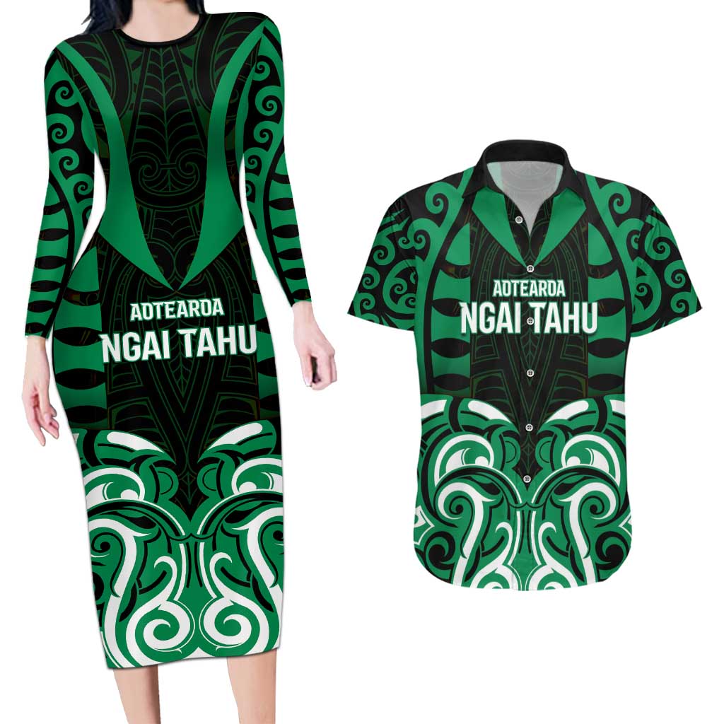 Custom Aotearoa Ngai Tahu Couples Matching Long Sleeve Bodycon Dress and Hawaiian Shirt Maori Pattern New Zealand DT05 Green - Polynesian Pride