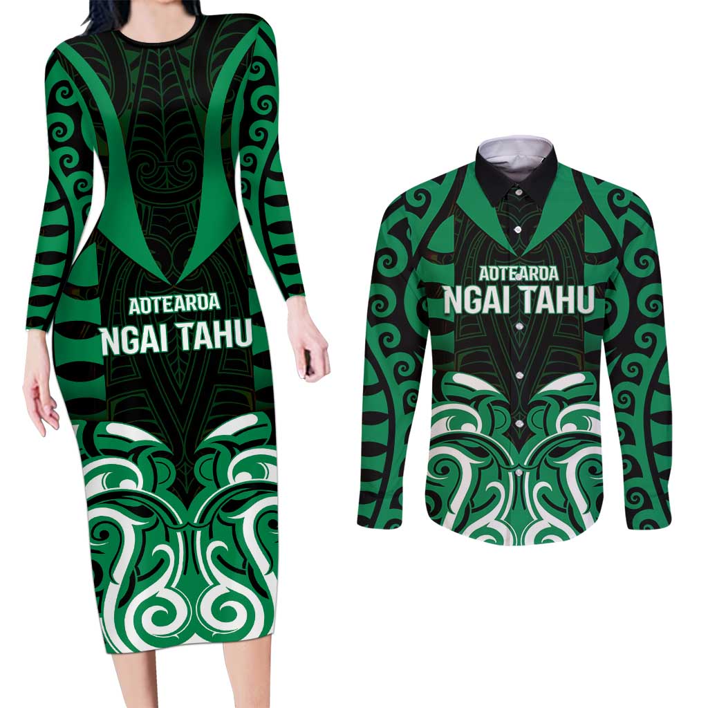 Custom Aotearoa Ngai Tahu Couples Matching Long Sleeve Bodycon Dress and Long Sleeve Button Shirt Maori Pattern New Zealand DT05 Green - Polynesian Pride