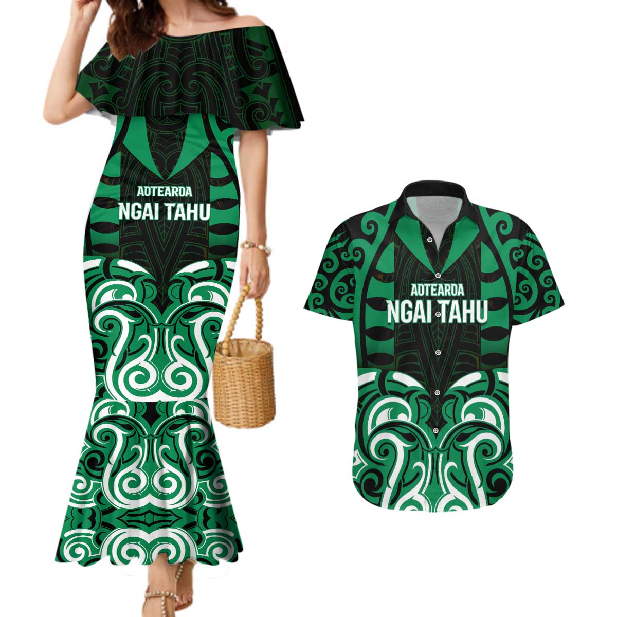 Custom Aotearoa Ngai Tahu Couples Matching Mermaid Dress and Hawaiian Shirt Maori Pattern New Zealand DT05 Green - Polynesian Pride