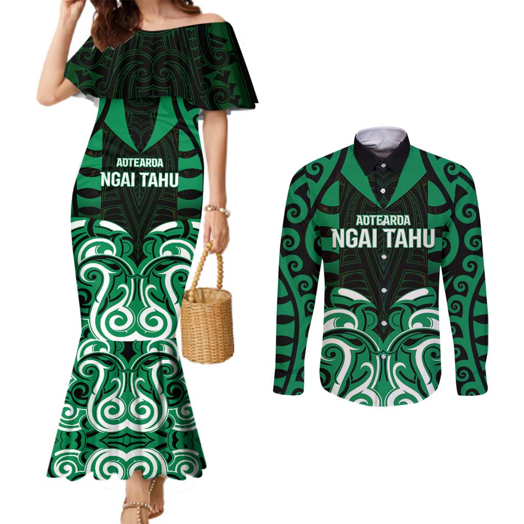Custom Aotearoa Ngai Tahu Couples Matching Mermaid Dress and Long Sleeve Button Shirt Maori Pattern New Zealand DT05 Green - Polynesian Pride