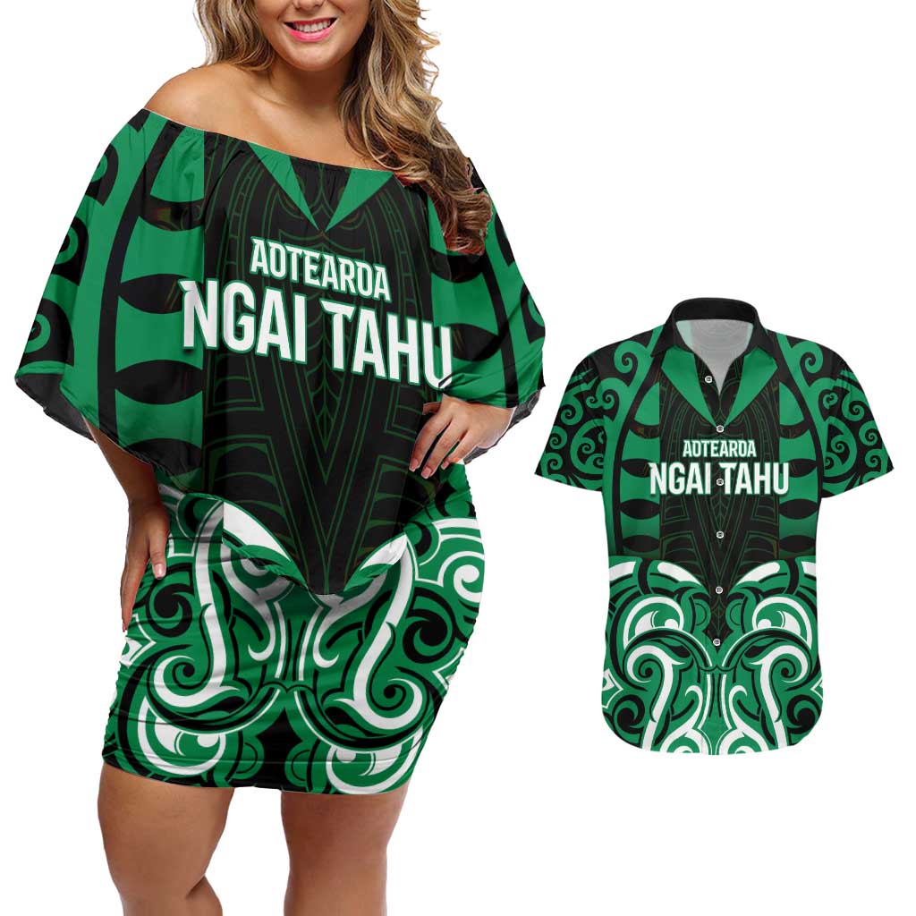 Custom Aotearoa Ngai Tahu Couples Matching Off Shoulder Short Dress and Hawaiian Shirt Maori Pattern New Zealand DT05 Green - Polynesian Pride