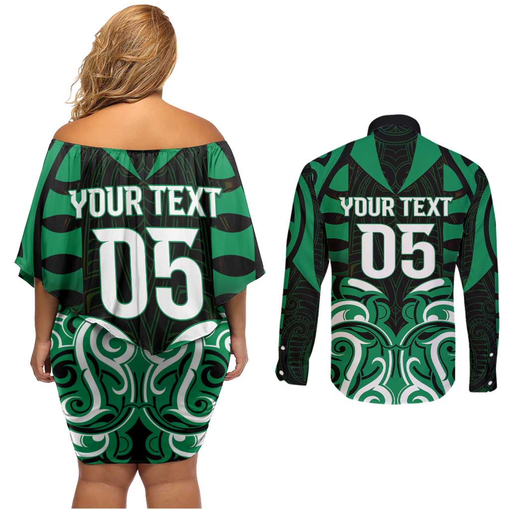 Custom Aotearoa Ngai Tahu Couples Matching Off Shoulder Short Dress and Long Sleeve Button Shirt Maori Pattern New Zealand DT05 - Polynesian Pride