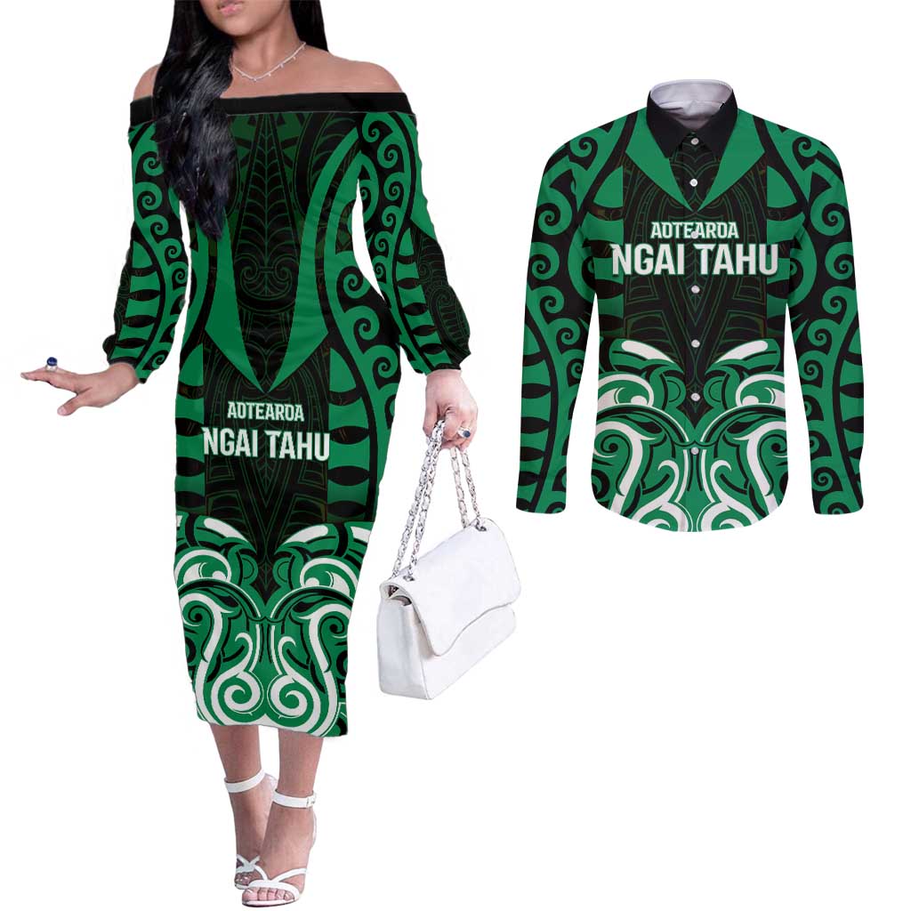Custom Aotearoa Ngai Tahu Couples Matching Off The Shoulder Long Sleeve Dress and Long Sleeve Button Shirt Maori Pattern New Zealand DT05 Green - Polynesian Pride