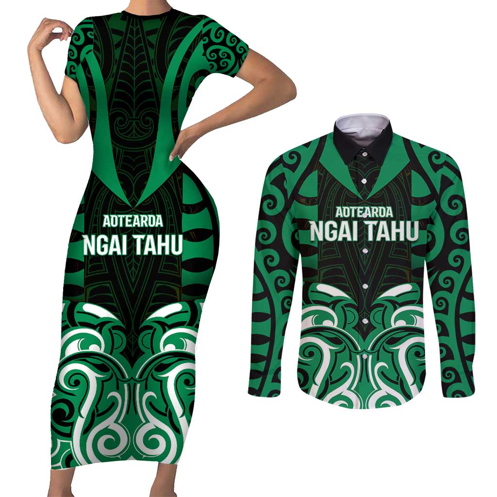 Custom Aotearoa Ngai Tahu Couples Matching Short Sleeve Bodycon Dress and Long Sleeve Button Shirt Maori Pattern New Zealand DT05 Green - Polynesian Pride