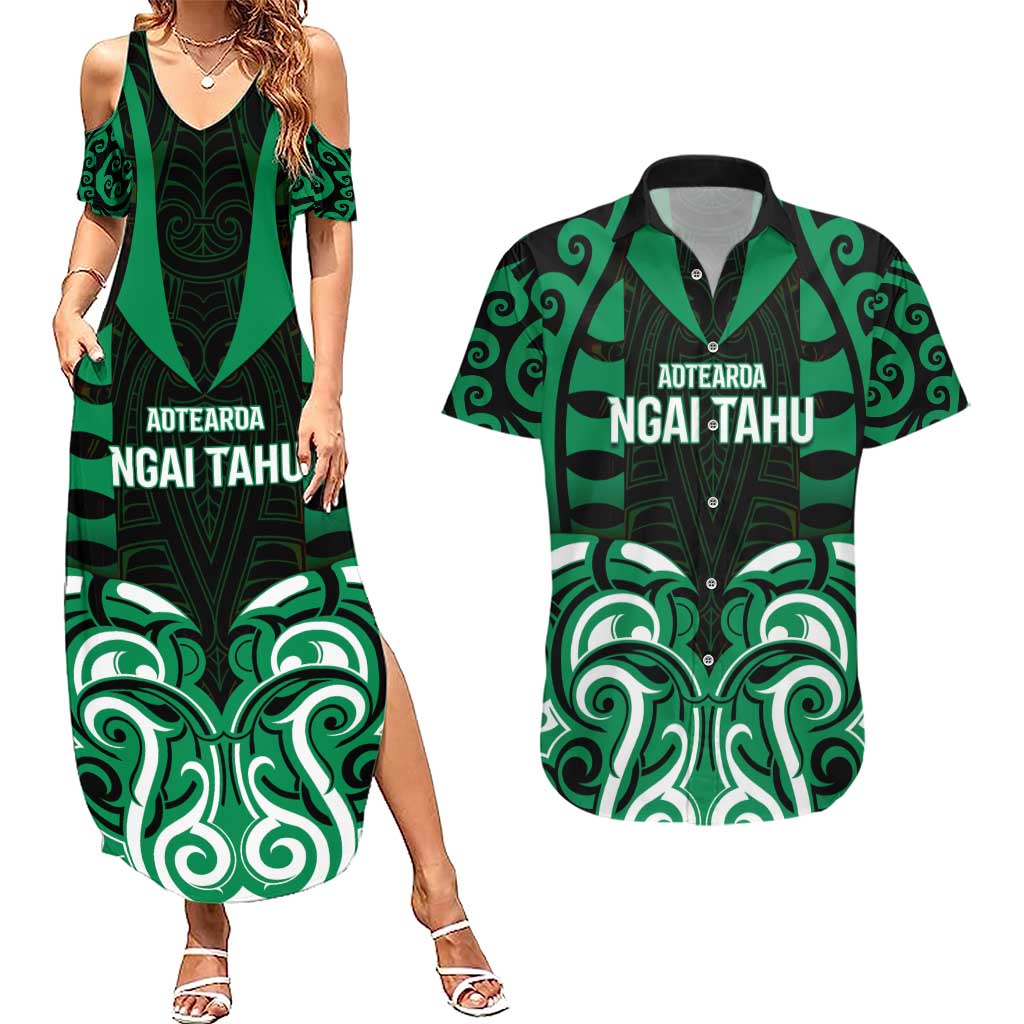 Custom Aotearoa Ngai Tahu Couples Matching Summer Maxi Dress and Hawaiian Shirt Maori Pattern New Zealand DT05 Green - Polynesian Pride