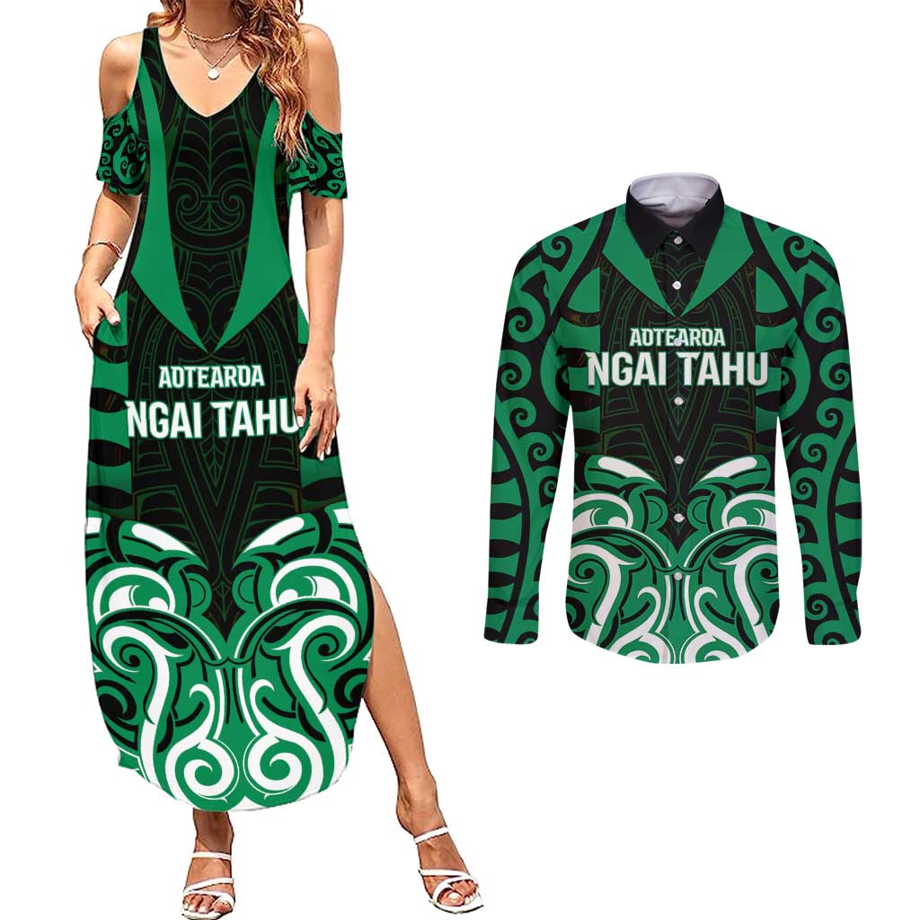 Custom Aotearoa Ngai Tahu Couples Matching Summer Maxi Dress and Long Sleeve Button Shirt Maori Pattern New Zealand DT05 Green - Polynesian Pride