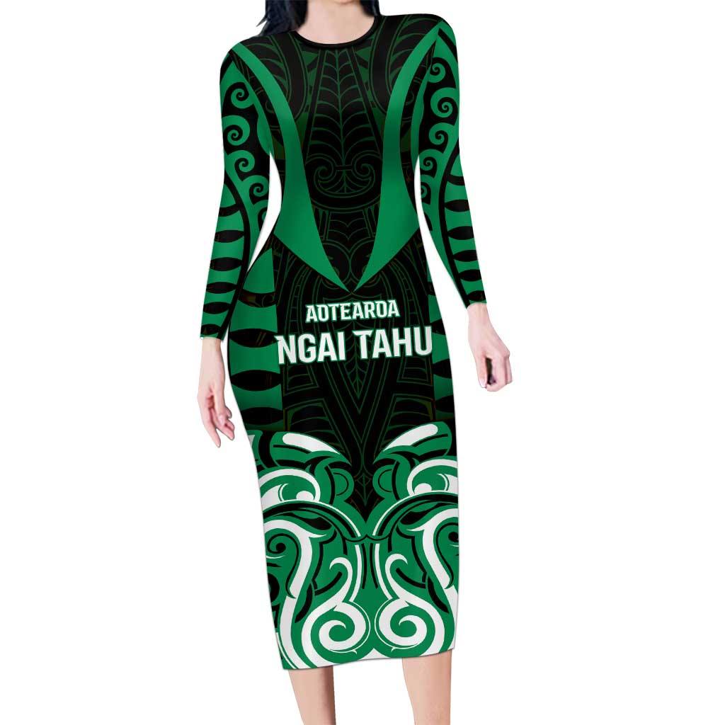Custom Aotearoa Ngai Tahu Family Matching Long Sleeve Bodycon Dress and Hawaiian Shirt Maori Pattern New Zealand DT05 Mom's Dress Green - Polynesian Pride