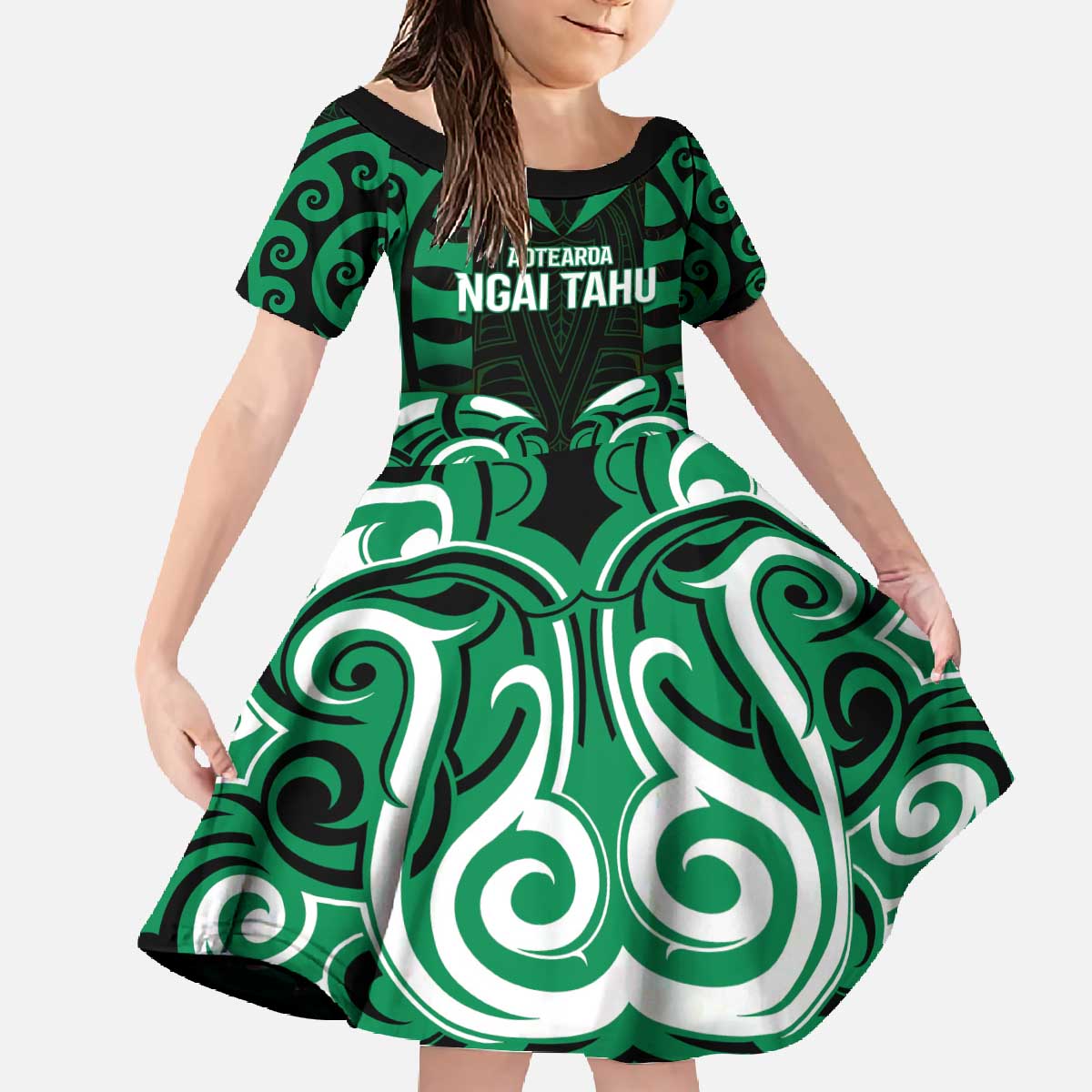 Custom Aotearoa Ngai Tahu Family Matching Off The Shoulder Long Sleeve Dress and Hawaiian Shirt Maori Pattern New Zealand DT05 Daughter's Dress Green - Polynesian Pride